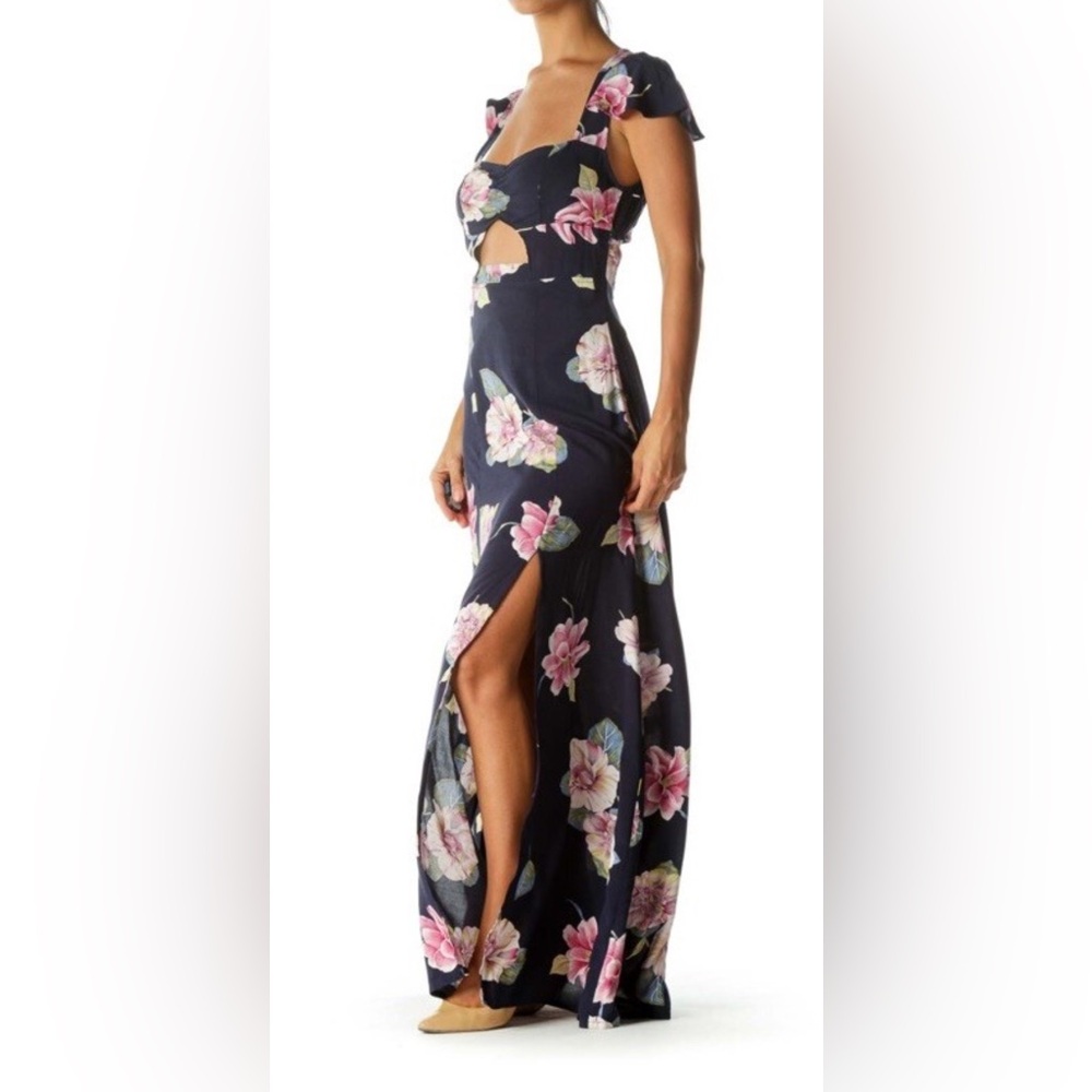 Reformed Navy Blue Pink Yellow White Floral Print Cut-Out Leg-Opening Dress S